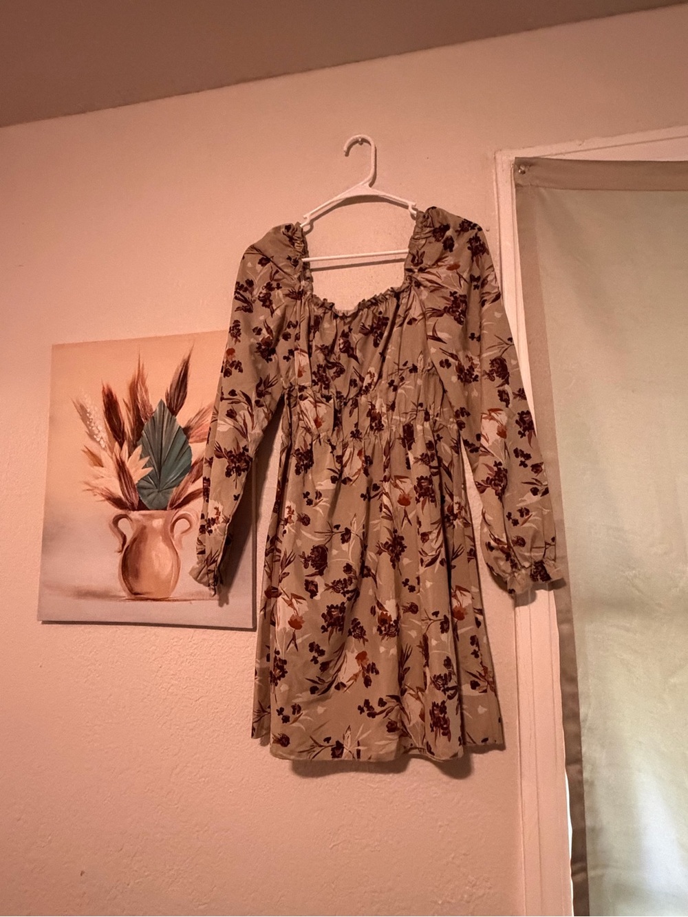 Floral Long Sleeve Smocked Waist Mini Dress - Beige